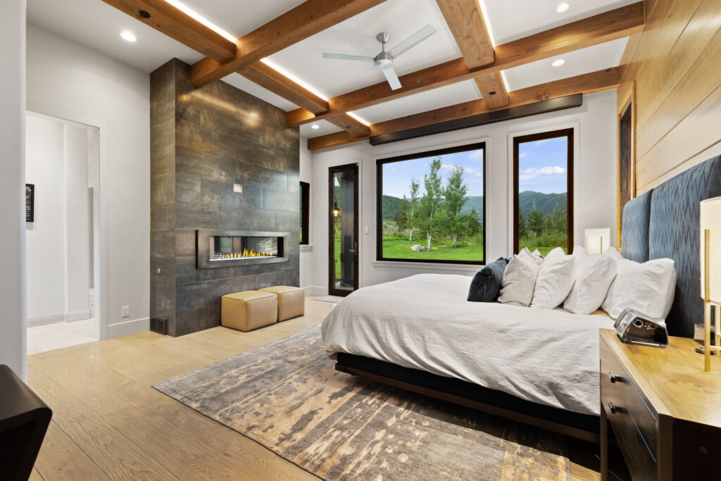 An interior view of Waters Edge Ranch's master bedroom, custom built by Big Canyon Homes