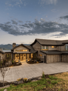 Exterior view of Mountain View Estate in the Glenwild community, a custom home built by Big Canyon Homes in Park City, UT.