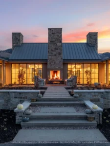Exterior view of Gathering Place in the Old Ranch Road community, a custom home built by Big Canyon Homes in Park City, UT, with architecture by Hart Howerton and design by McGee Design CO.