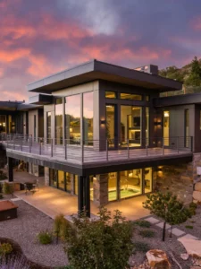 Exterior view of Mellow Mountain Place in The Aerie community, a custom home built by Big Canyon Homes in Park City, UT, with architecture by Mark Design Inc.