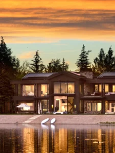 Exterior view of North Shore Court, a custom home built by Big Canyon Homes in Park City, UT, with architecture by Lacroix Design.