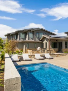 Exterior view of Pineview Shore in the Pineview community, a custom home built by Big Canyon Homes, with architecture by Mark Design and design by Webster.