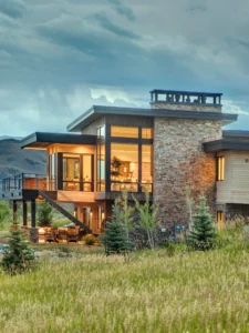Exterior view of Ponderosa Place in the Trappers Crossing community, a custom home built by Big Canyon Homes in Huntsville, UT, designed and architected by Bertoldi Architects.