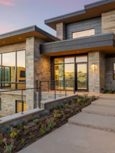 Exterior view of North Gate in the Promontory community, a custom home built by Big Canyon Homes in Park City, UT, with architecture by Ray Bertoldi and design by Kara Webster.
