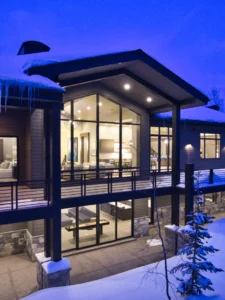 Exterior view of Solitude Retreat in The Colony at White Pine community, a custom home built by Big Canyon Homes in Park City, UT, with architecture by Shaw Design.
