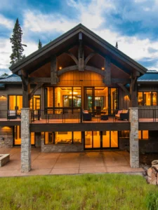 Exterior view of The Woodlands, a custom home built by Big Canyon Homes in Park City, Utah, designed by Shaw Design.