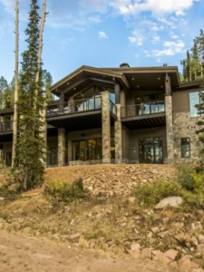 Exterior view of White Pine, a custom home built by Big Canyon Homes in Park City, UT, with architecture and design by Shaw Design.