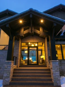 Exterior view of Winter Grove, a custom home built by Big Canyon Homes in Park City, UT, with architecture and design by Shaw Design.